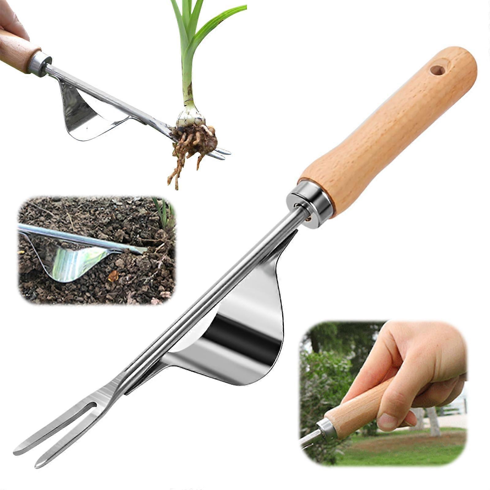 Weed Cutter, 2025 Root Weeder Tool with Wooden Handle, Stainless Steel Manual Weeder for Gardening Against Weeds and Moss