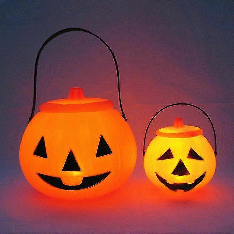 Set of 2 Halloween Decorative Shiny Plastic Candy Jars for Kids, Pumpkin Bucket with Lid