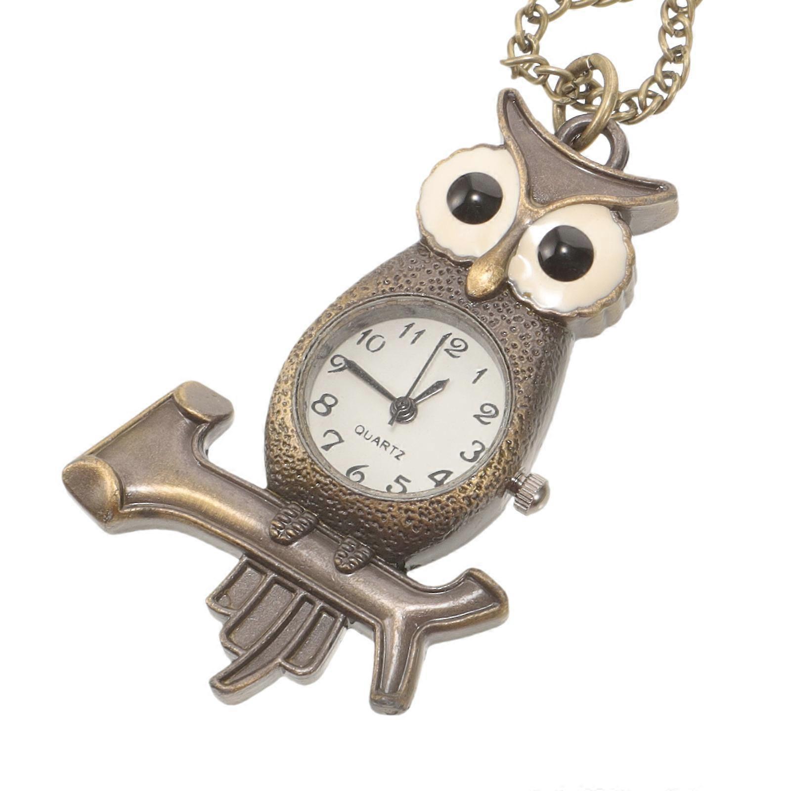 Retro Owl Pocket Watch with Chain for Decoration Light Brown Color Quartz Movement Small Size