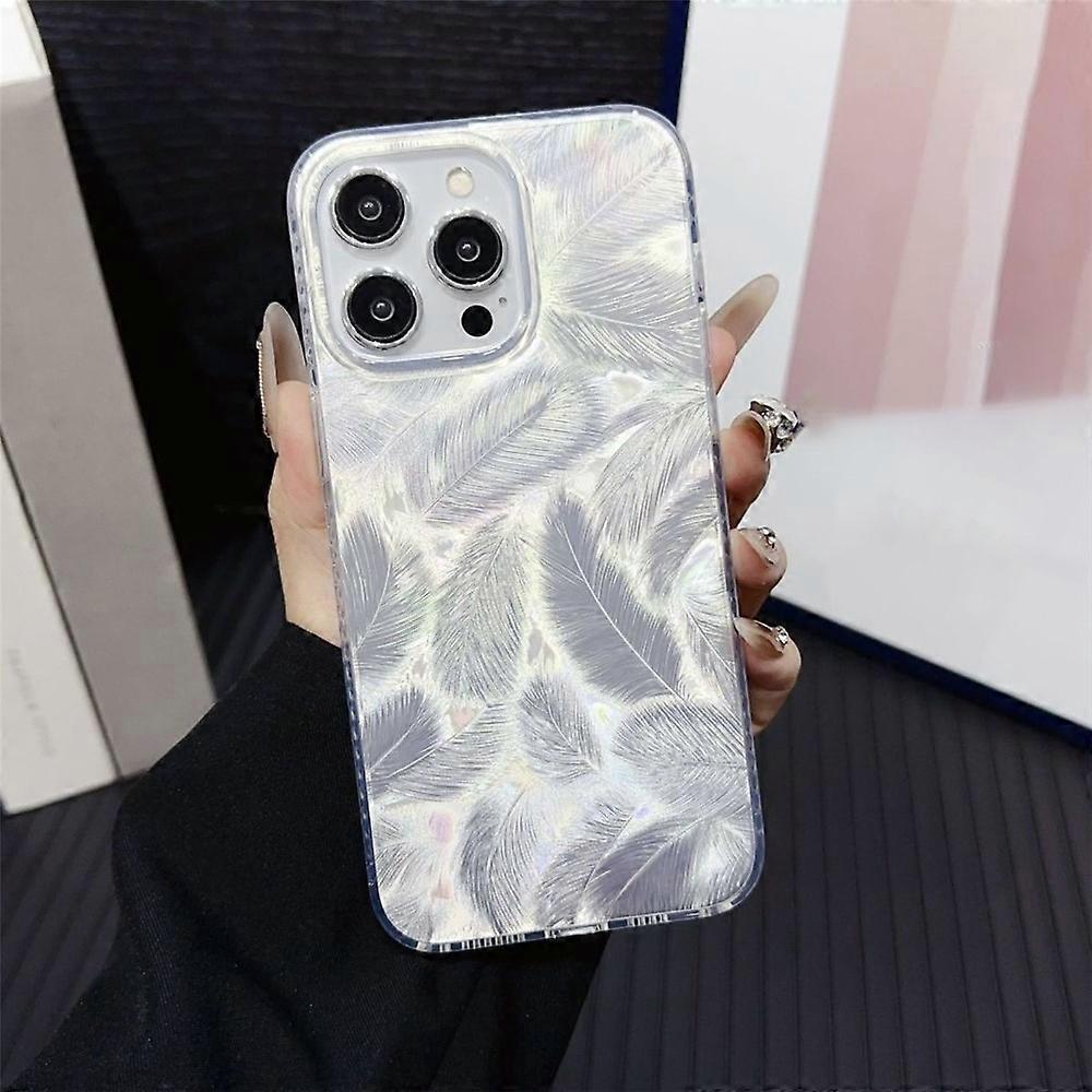 Compatible For iPhone 14 Pro Max Case Silver Feather Pattern Laser Process Anti-Drop PC Phone Cover