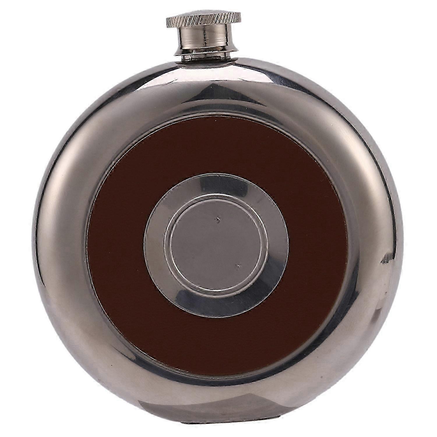 Round Stainless Steel Pocket Flask With Build-In 5Oz Hip Flask Brown