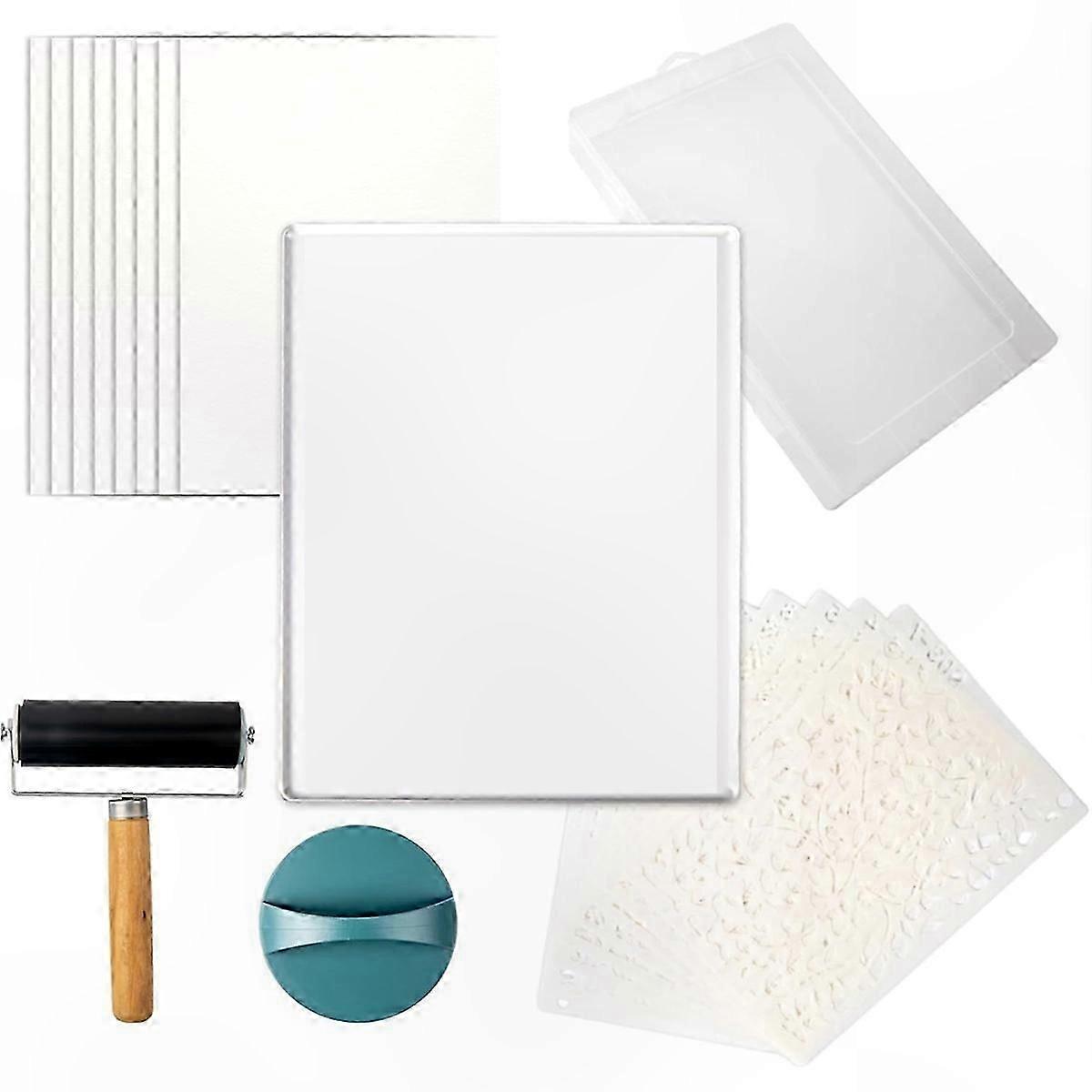 8x10 Inch Reusable Gel Printing Plate Kit with Paper and Stencils for Monoprinting Art Projects