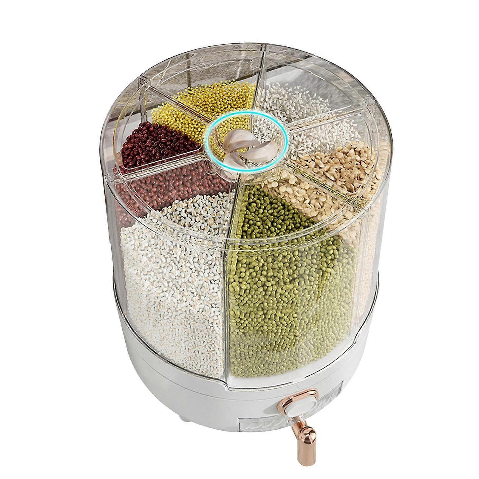 Rice Storage Container 9.84 Inch Transparent Rotatable Food Dispenser for Rice Beans Lightweight Easy Clean with 6 Compartments