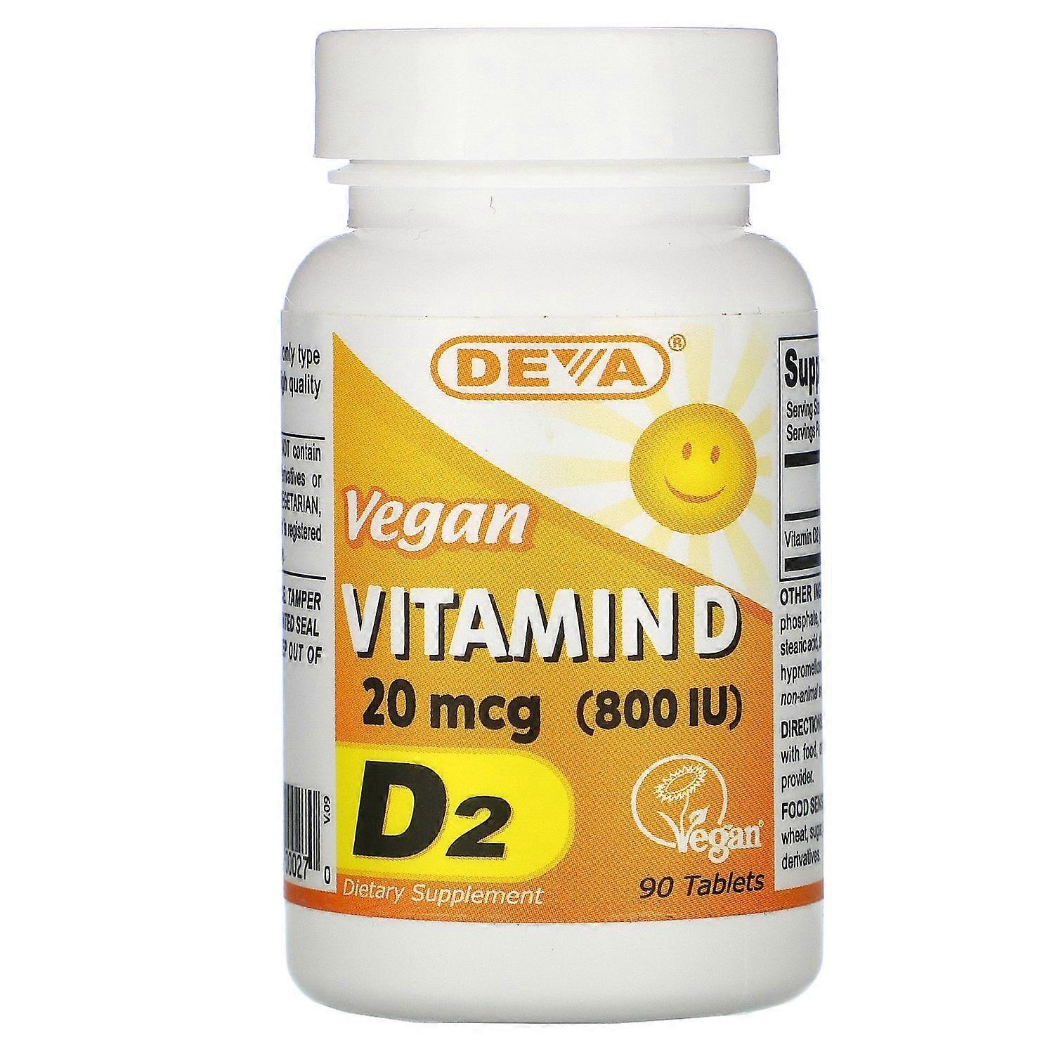 Deva, Vegan Vitamin D, D2, 20 mcg (800 IU), 90 Tablets