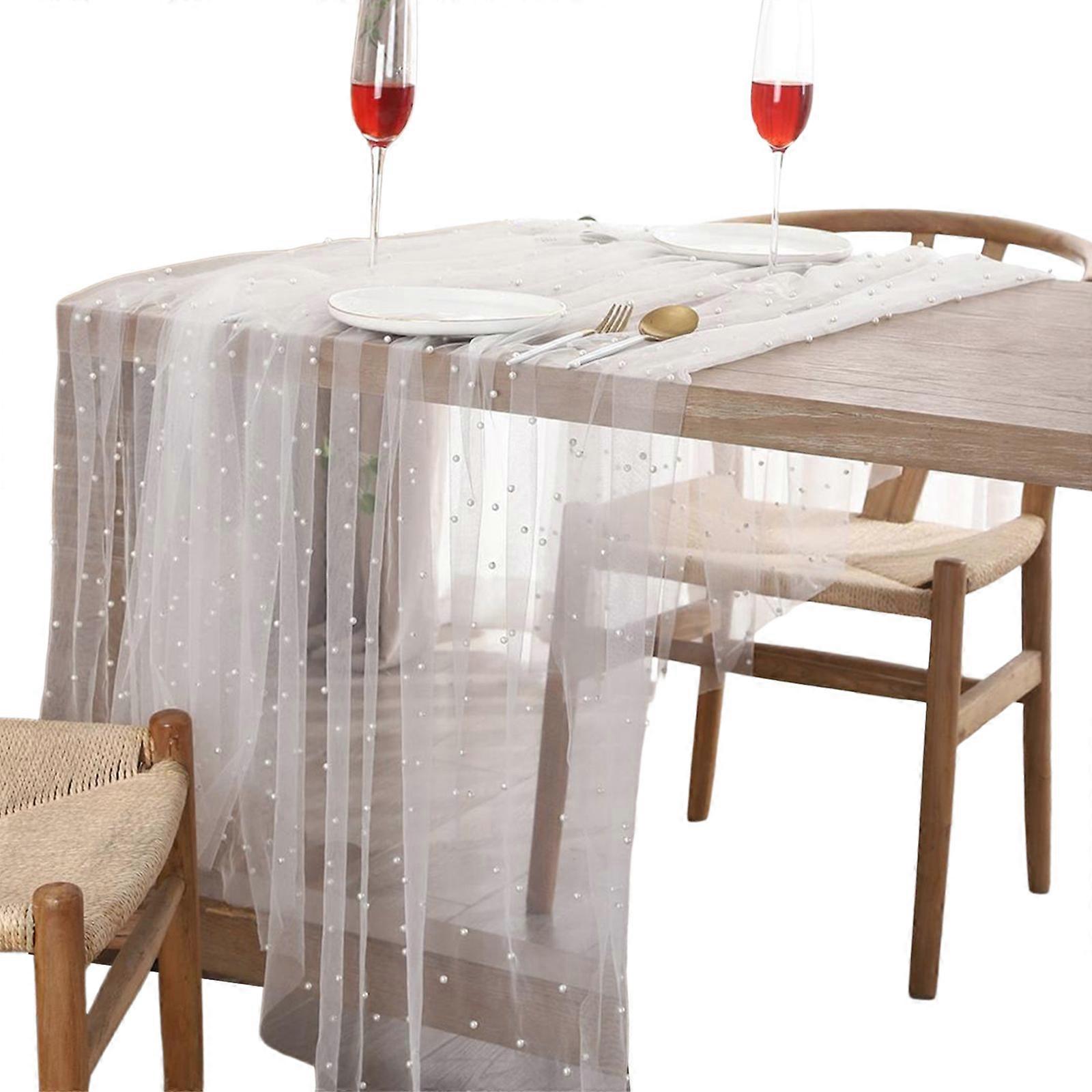 Decorative Table Cover Features Pearls Detail Wrinkles Resistant Materials Suitable For Any Table Shape  White