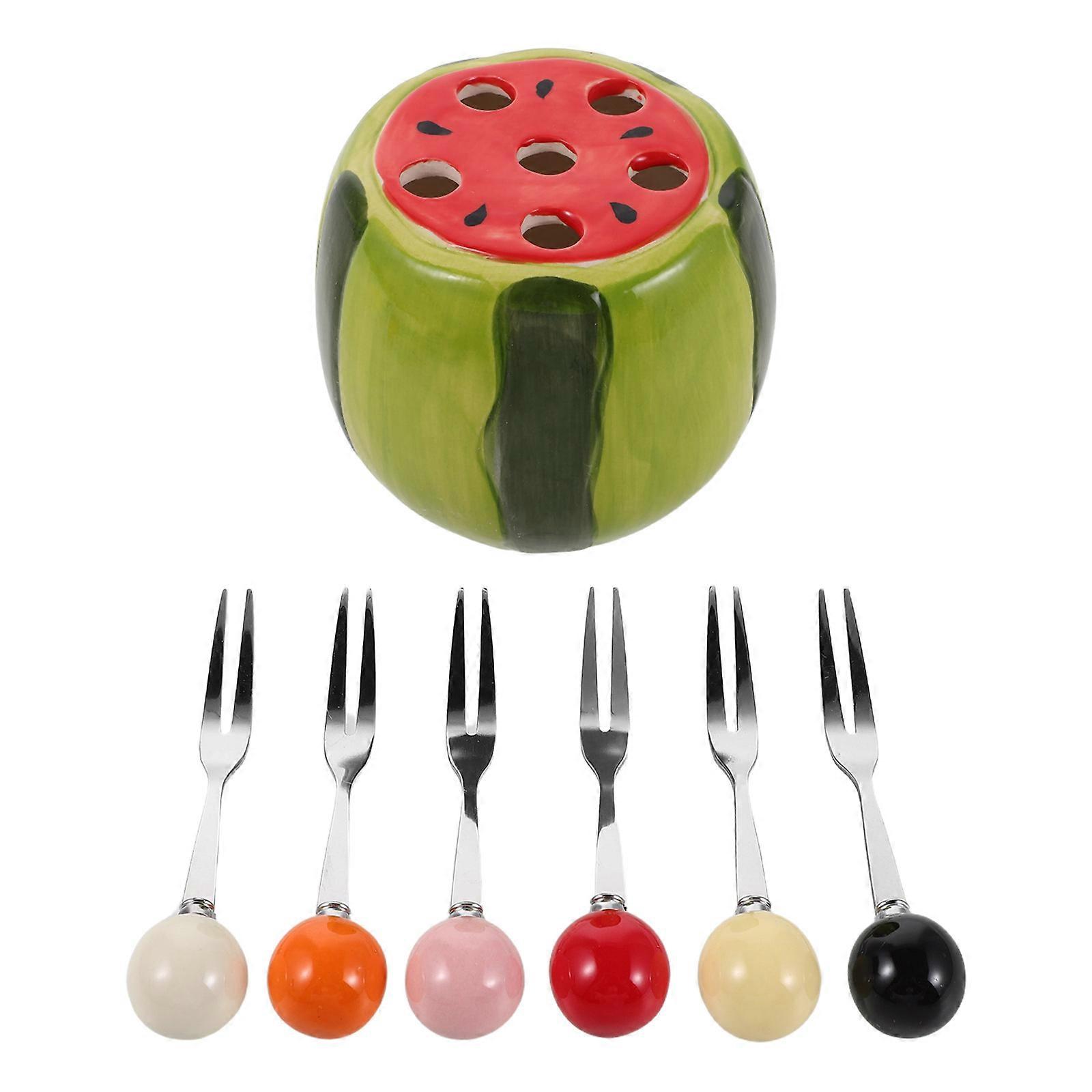 Kids Fruit Fork Watermelon Fork Set with Ceramic Storage Jar 1Set