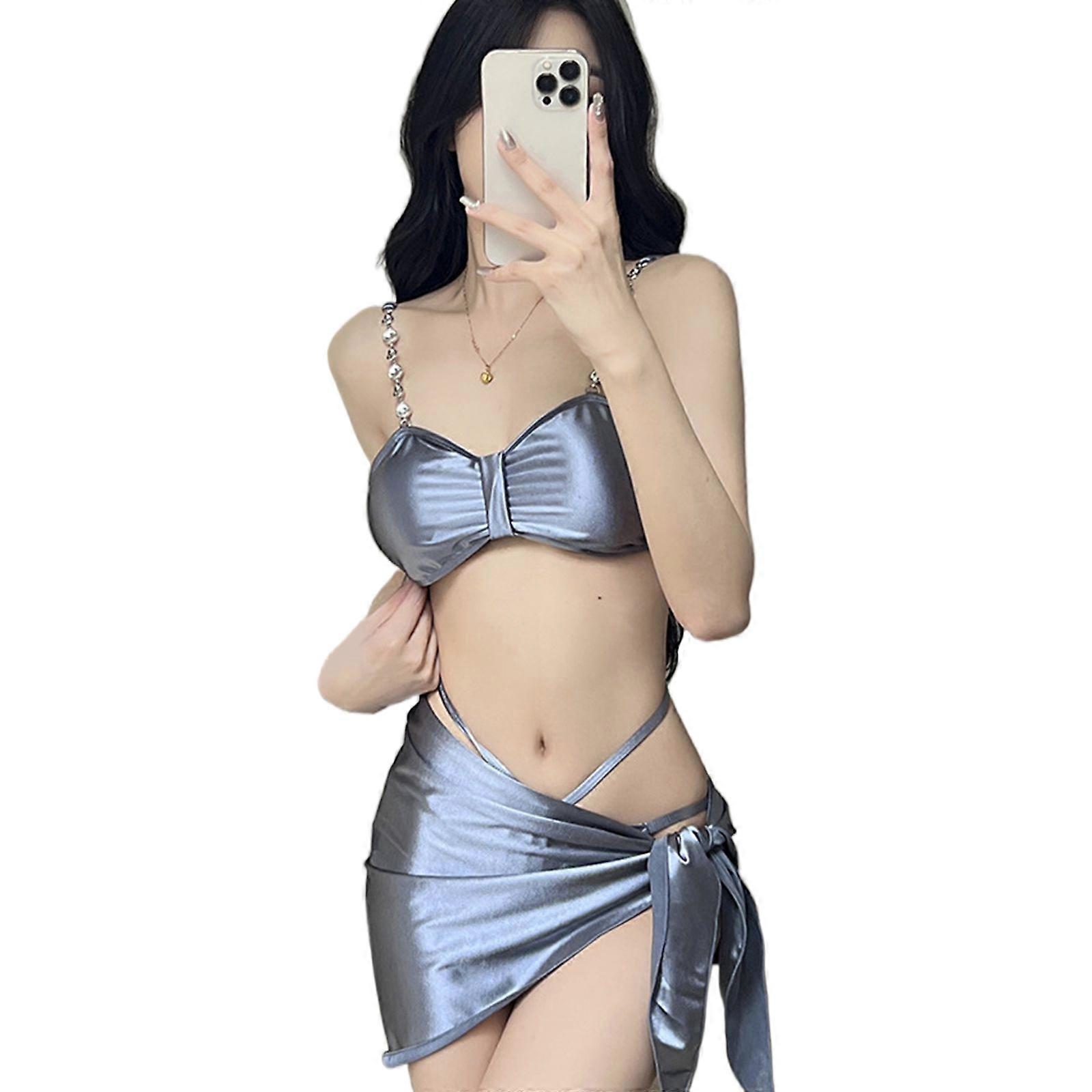 3 pièces Split maillot de bain pour femmes Highs Cut Maillot de bain Maillots de bain sexy chaîne sangle maillot de bain couleur unie gris argenté XL