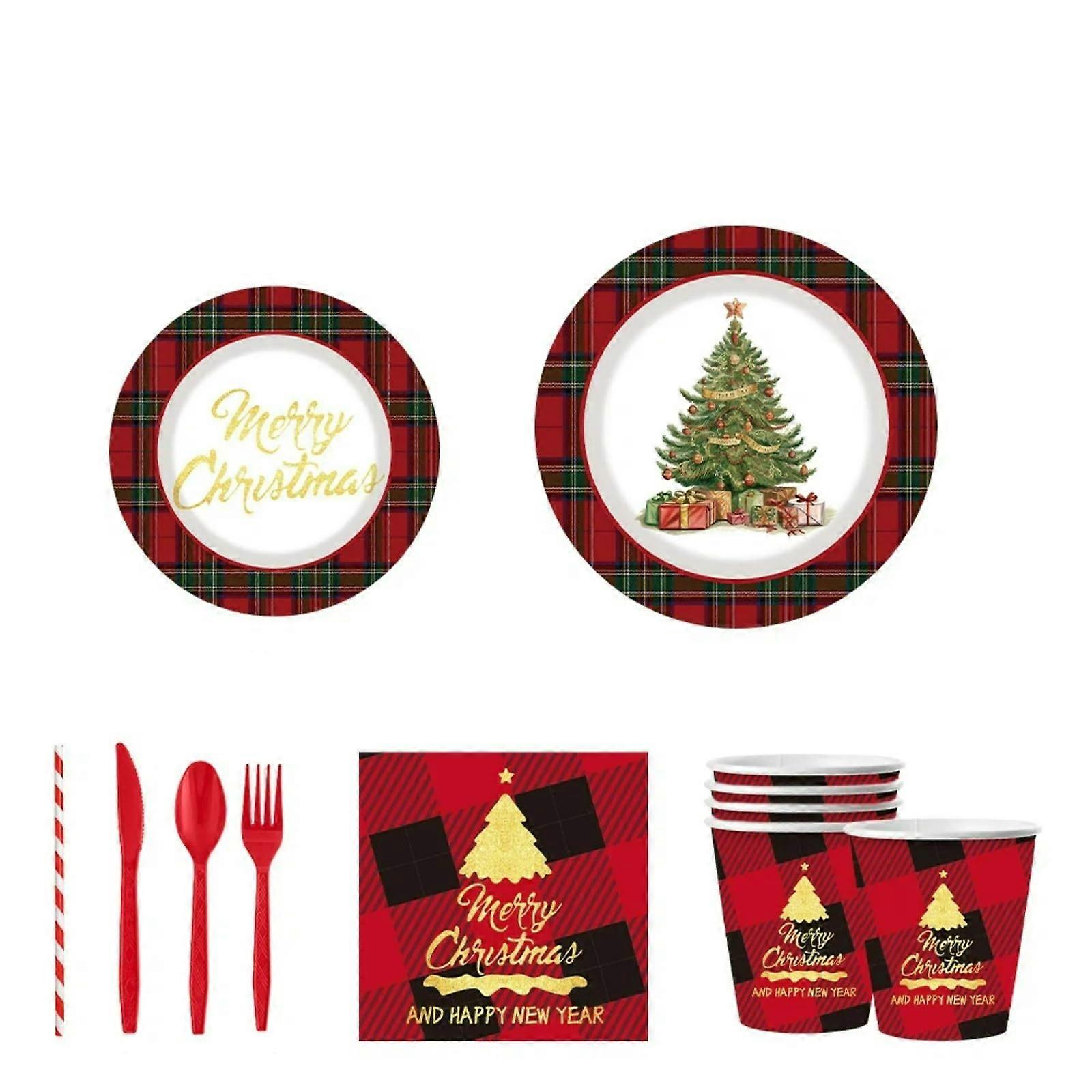 Christmas Party Disposable Tableware 8Piece Red Paper Cutlery Set with Festive Pattern Printing