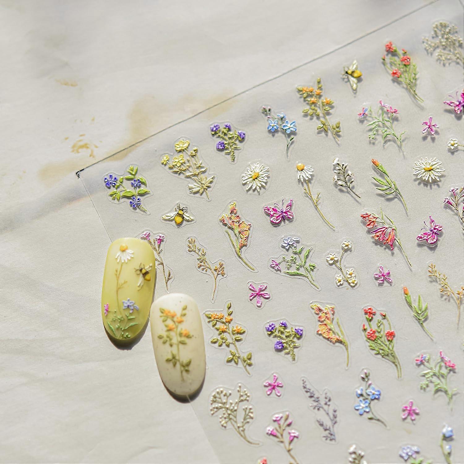 5D Embossed Flower Nail Stickers with Daisy and Butterfly Design, SelfAdhesive Summer Manicure Decals, Style 4