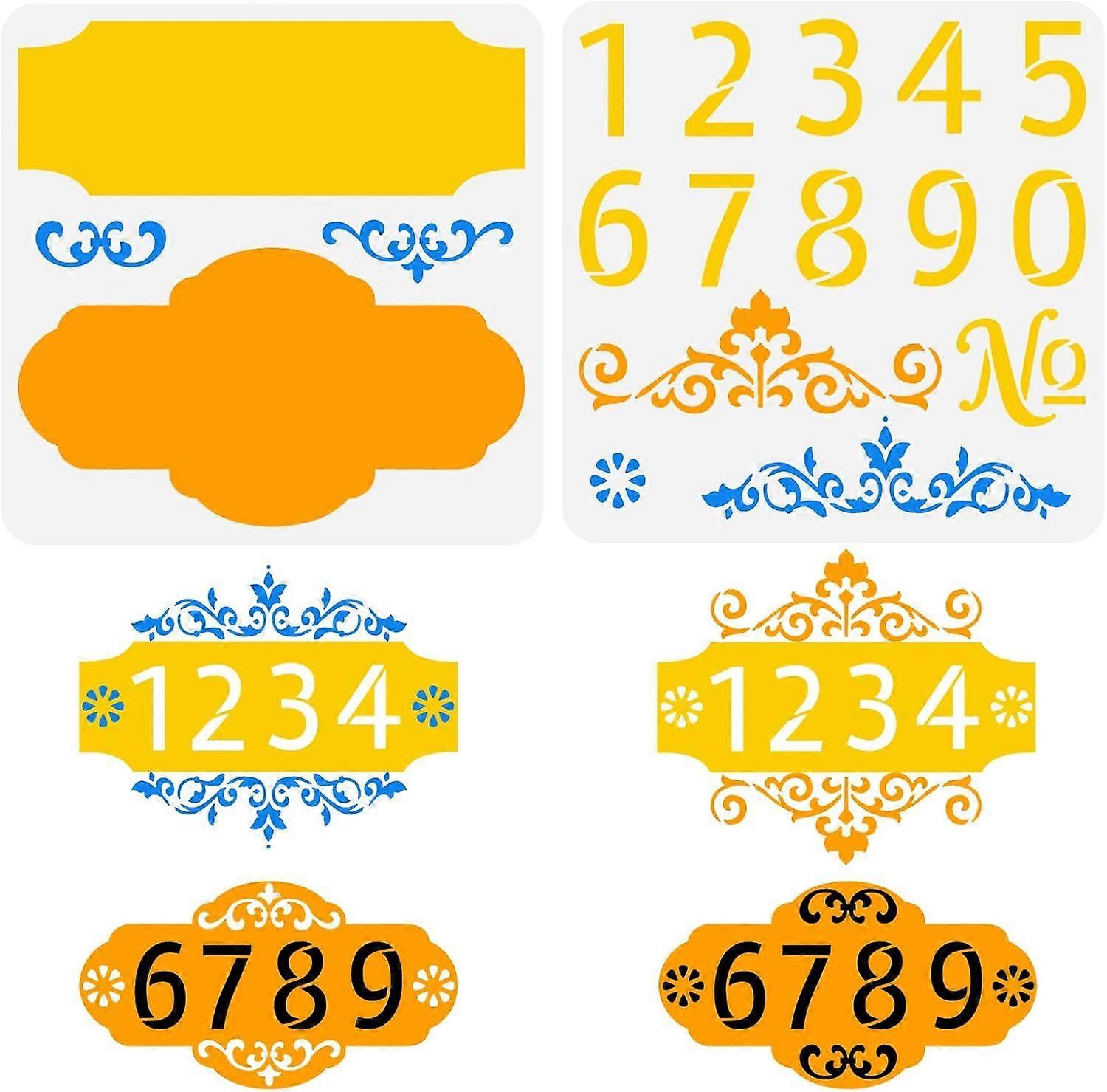 2Pcs House Number Painting Stencils 12x12 Border Floral and No. Reusable Drawing Stencils DIY Craft Template for Address Painting Room Decor
