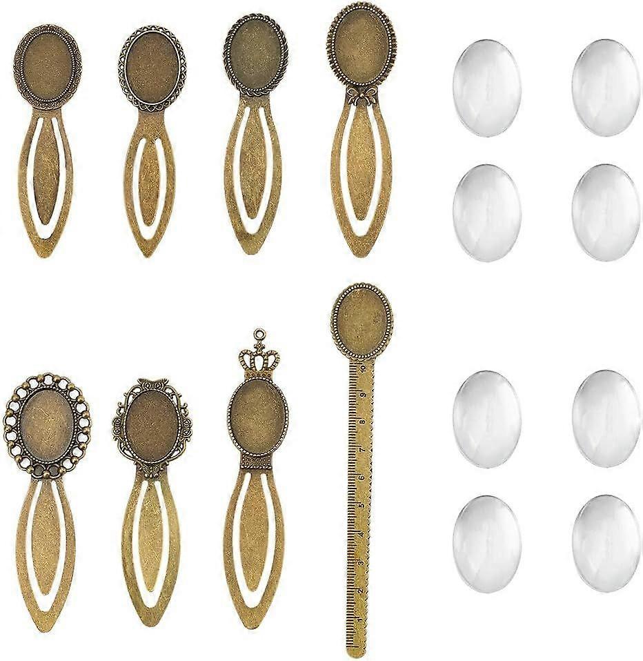 1 Box 16pcs 8 Styles Bronze Bookmark Vintage Bookmarks Metal Alloy Retro Bronze Reading Book Mark Base Tray Kit with Transparent Round Cabochons for W