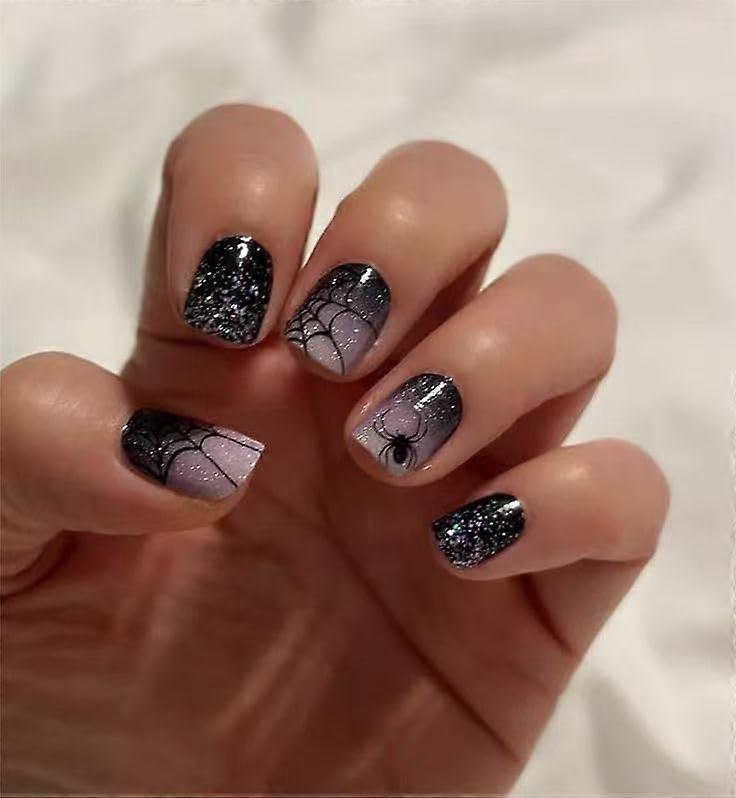 Halloween Press On Nails Black Bling Spider Cobweb Design Short Square Acrylic 24pcs