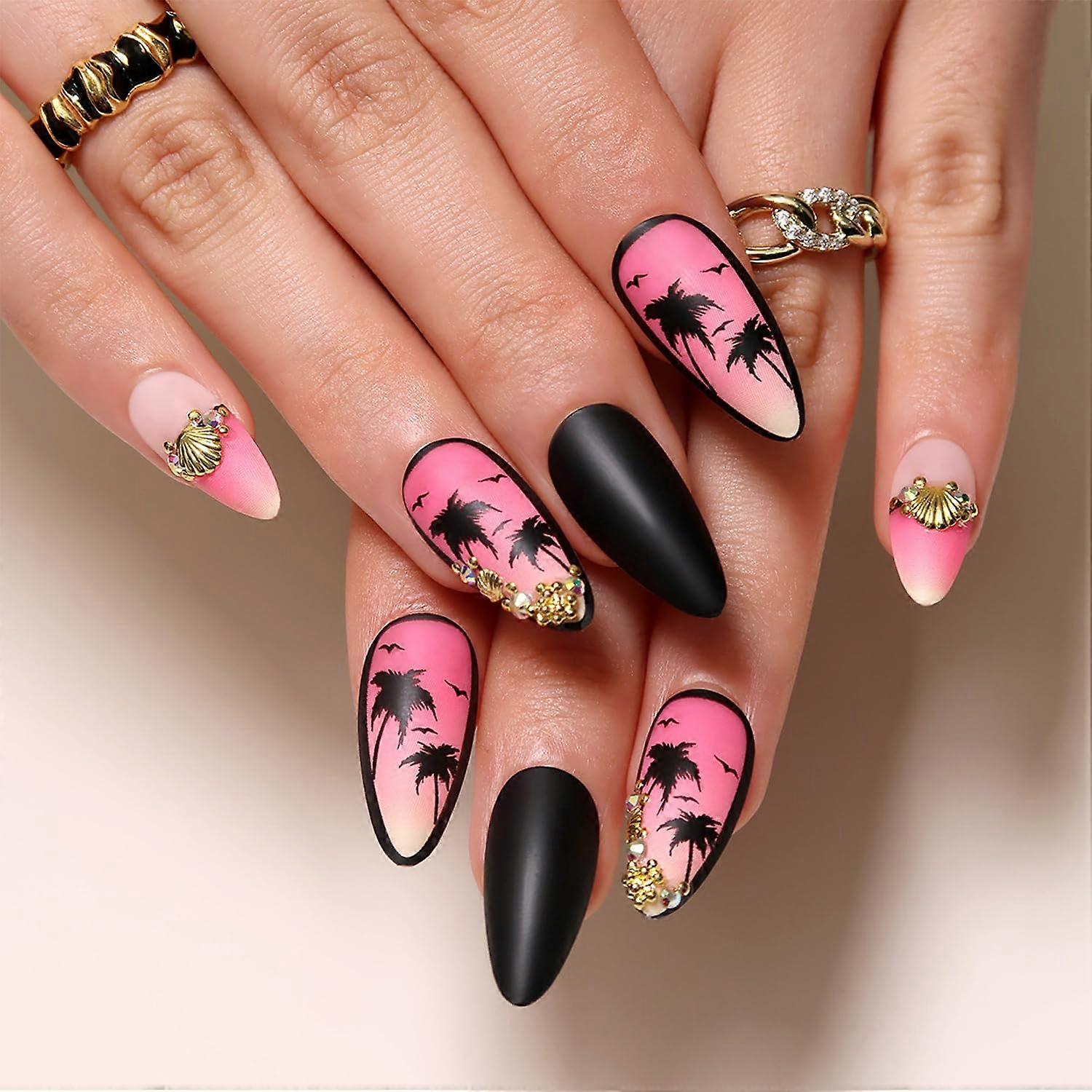 Black Long Oval Press On Nails with Coconut Tree Design, Pink Gradient Matte, Reusable Acrylic Set