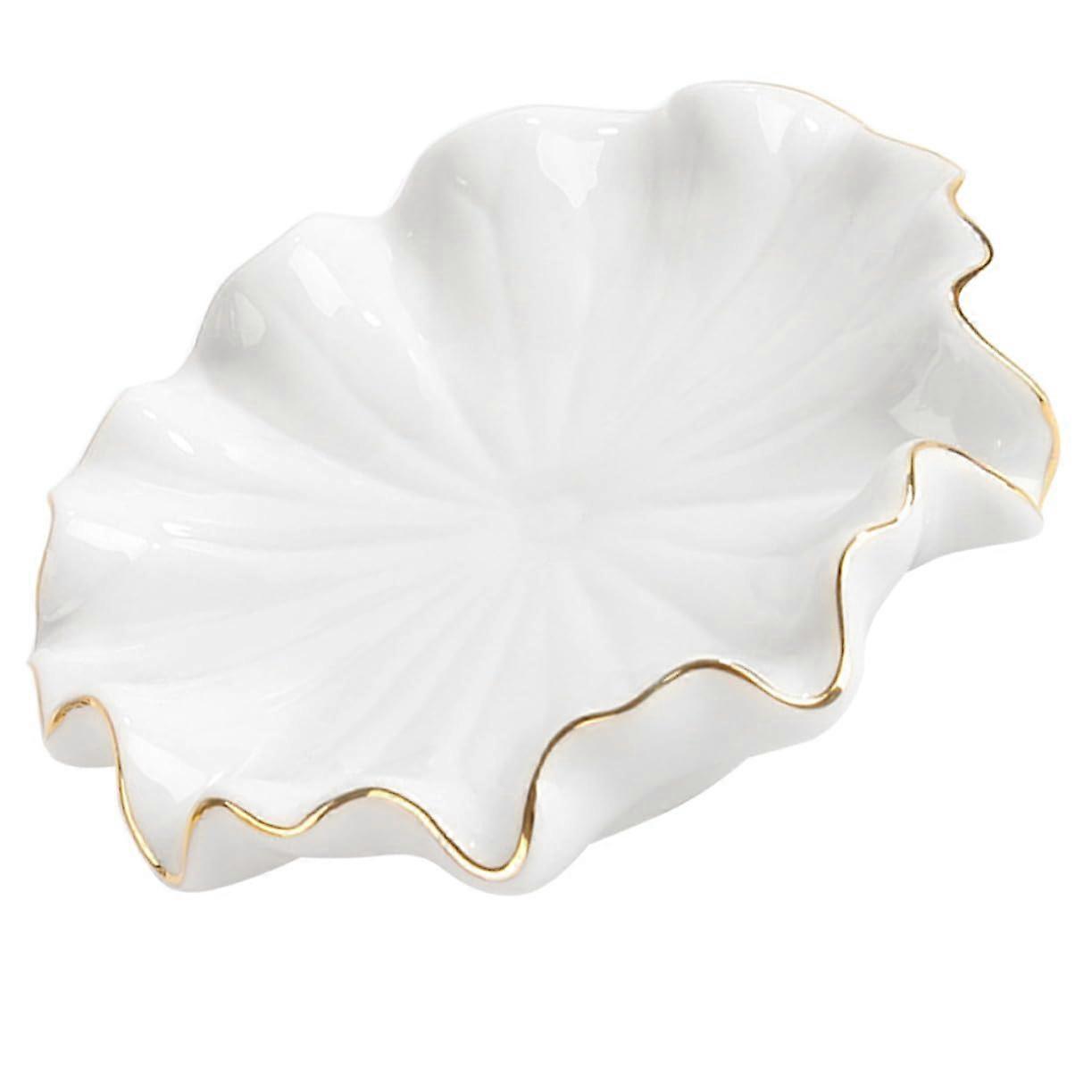 Ceramic Soap Dish with Gold Edge, Self Draining Lotus Leaf Tray for Bathroom and Kitchen