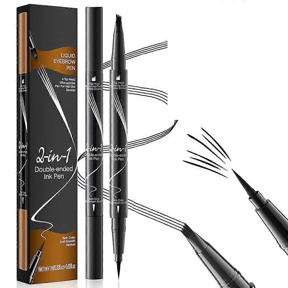 Waterproof DualEnded Microblading Eyebrow Pencil with Brush, LongLasting 4Tip Pen 2 Pack Black