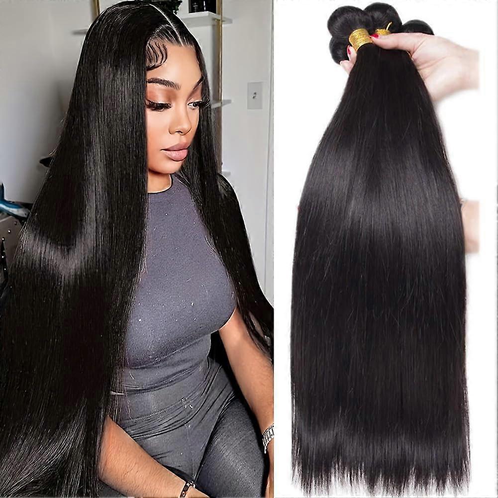 Cabelo humano virgem brasileiro liso em pacotes de 22, 24, 26 e 28 polegadas, cor preta natural.