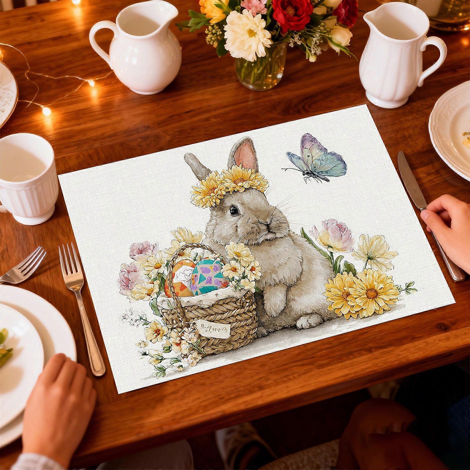 4pcs Easter Bunny Polyester Flat-Printed Placemats, Coasters, Table Mats with Easter Egg and Lavender Floral Patterns, Kitchen Dining Tableware Mats I