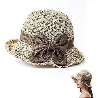 Elegant Woven Straw Sun Hat with Bow, Summer Handmade Crochet Hat, Foldable Breathable Women Sun Hat for Beach Travel Outdoor