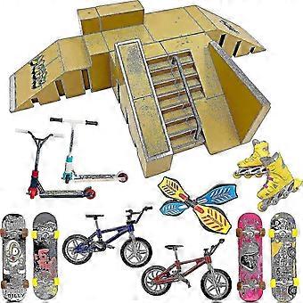 STASHABLES Finger Skateboard Ramp Set Finger Skatepark Kit 16-teiliges Skatepark Kit bestehend aus Skateboards, Rampen, Scootern, Skates, Fahrrädern und Caster