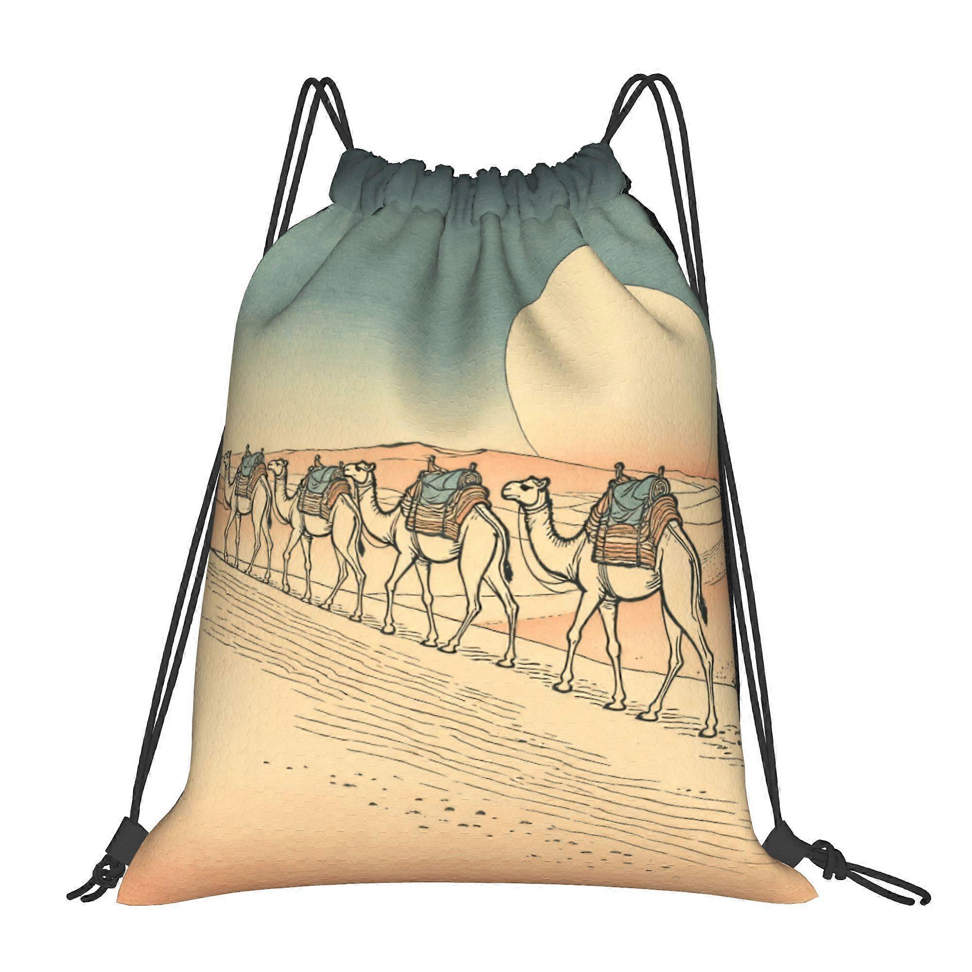 2D Flat Drawstring Bag, Realistic Middle Eastern Camel Desert Blanket with Drawstring Pouch, 2D Flat-Cqazw