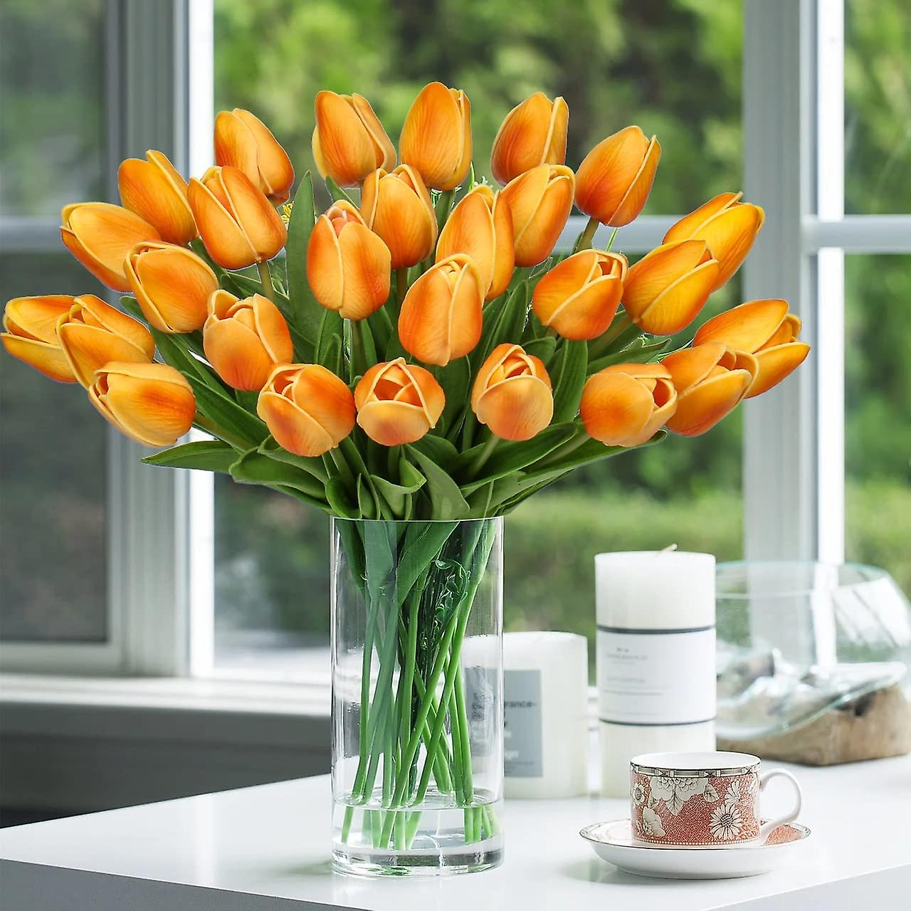 10-Pack Artificial Yellow Tulips – Real Touch Silk/EVA – 35cm – Wedding Home Decor