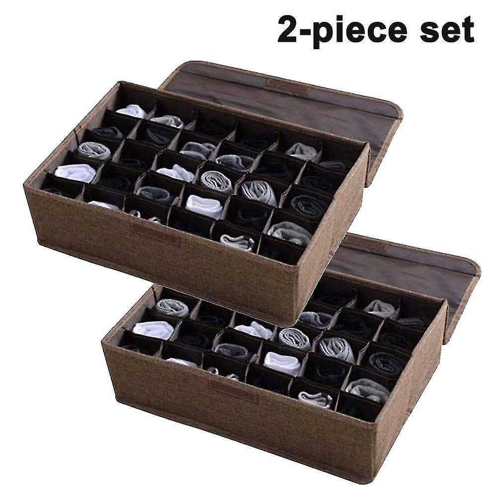 2pcs Underwear Socks Storage Organizer With Lids Foldable Closet Drawer Divider 30 Cells, Linen Cott