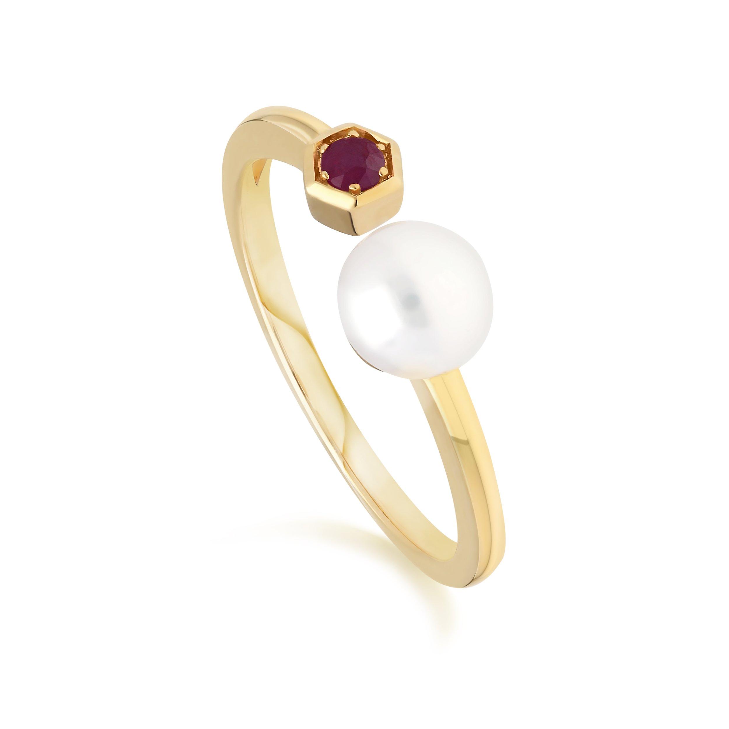 Modern Pearl & Ruby Open Ring in 9ct Yellow Gold 135R1840029