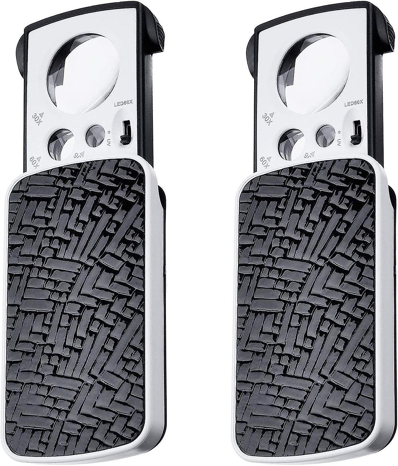 2pcs LED Illuminated Portable Pocket Magnifier, 30X 60X 90X Small Multi-Power Loupe with Black Light