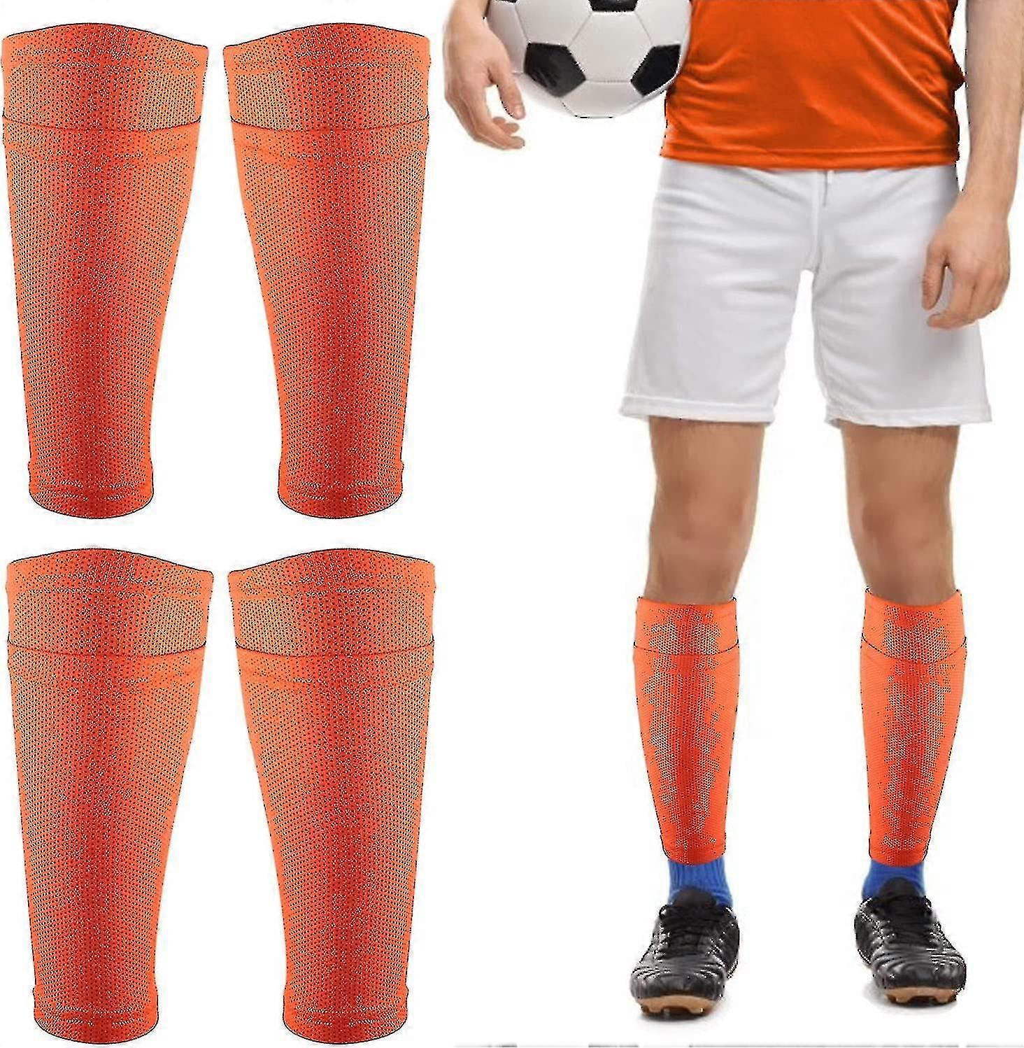 2ペア通気性サッカーシンガードスリーブポケット付き、オレンジ、子供用