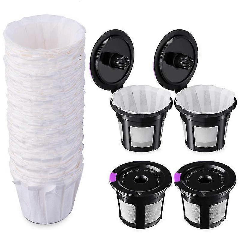 Reusable K Cups With Paper Filters Set, Including 4 Pack K Cups And 100 Pcs Coffee Filters For 1.0