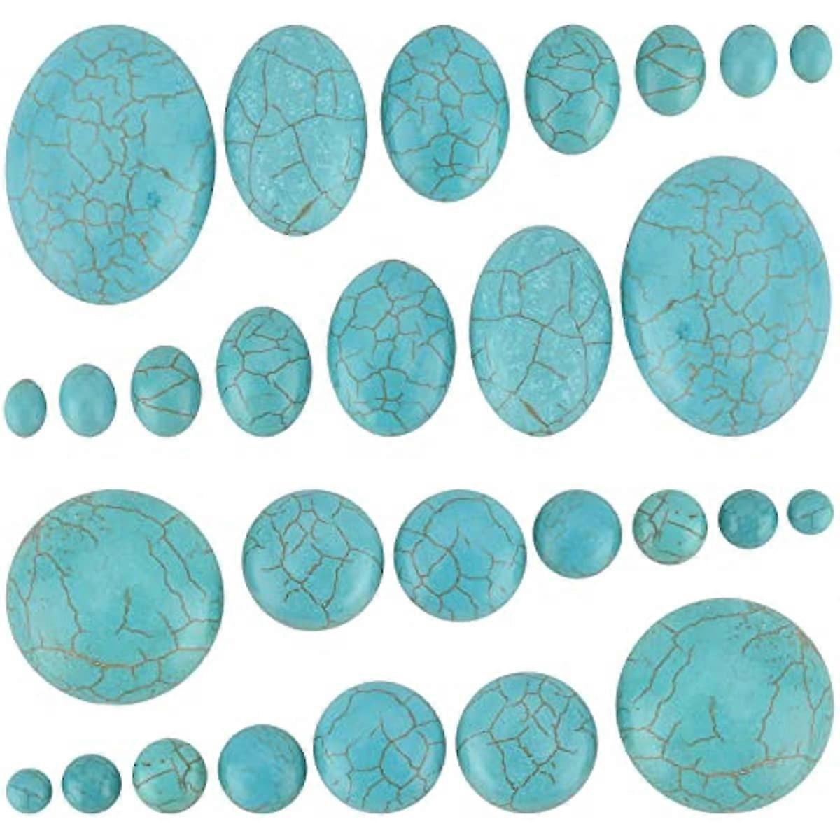 84pcs Synthetic Turquoise Stone Cabochons 7 Sizes Blue Texture Gemstone Tiles Oval Flat Round