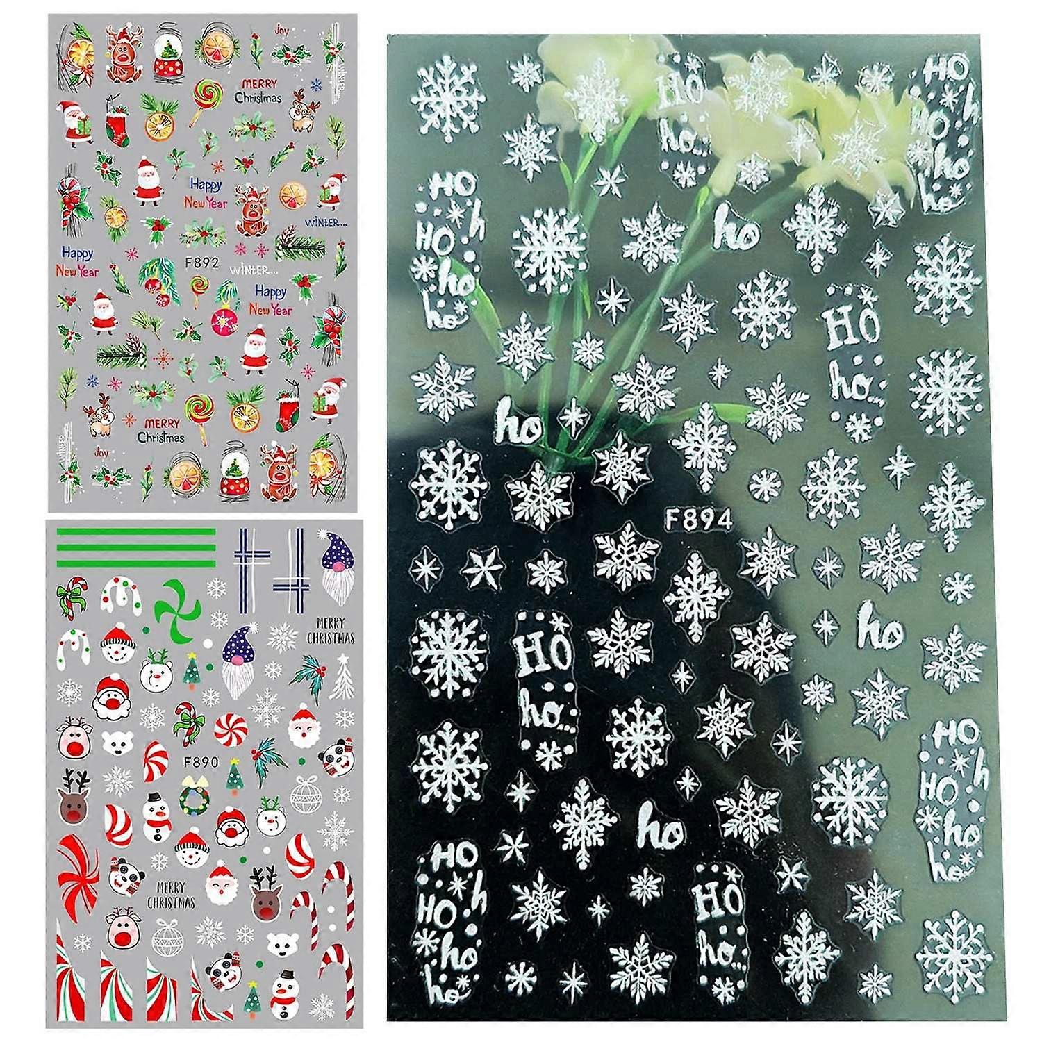 3Pcs Christmas Nail Art Stickers Ultra-thin Self-Adhesive Snowflake Santa Claus Reindeer Snowman