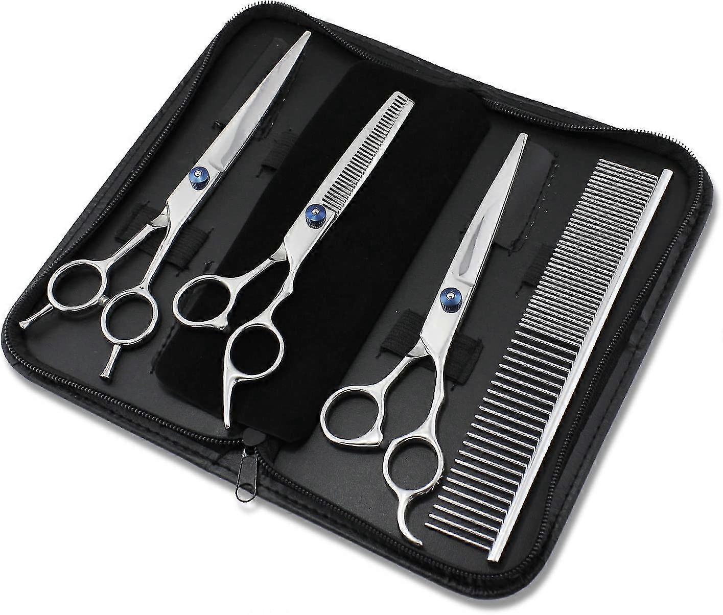 Dog Grooming Set - 3 Pairs Of 7" Scissors: Rounding, Cutting And Thinning - Comb - Professional