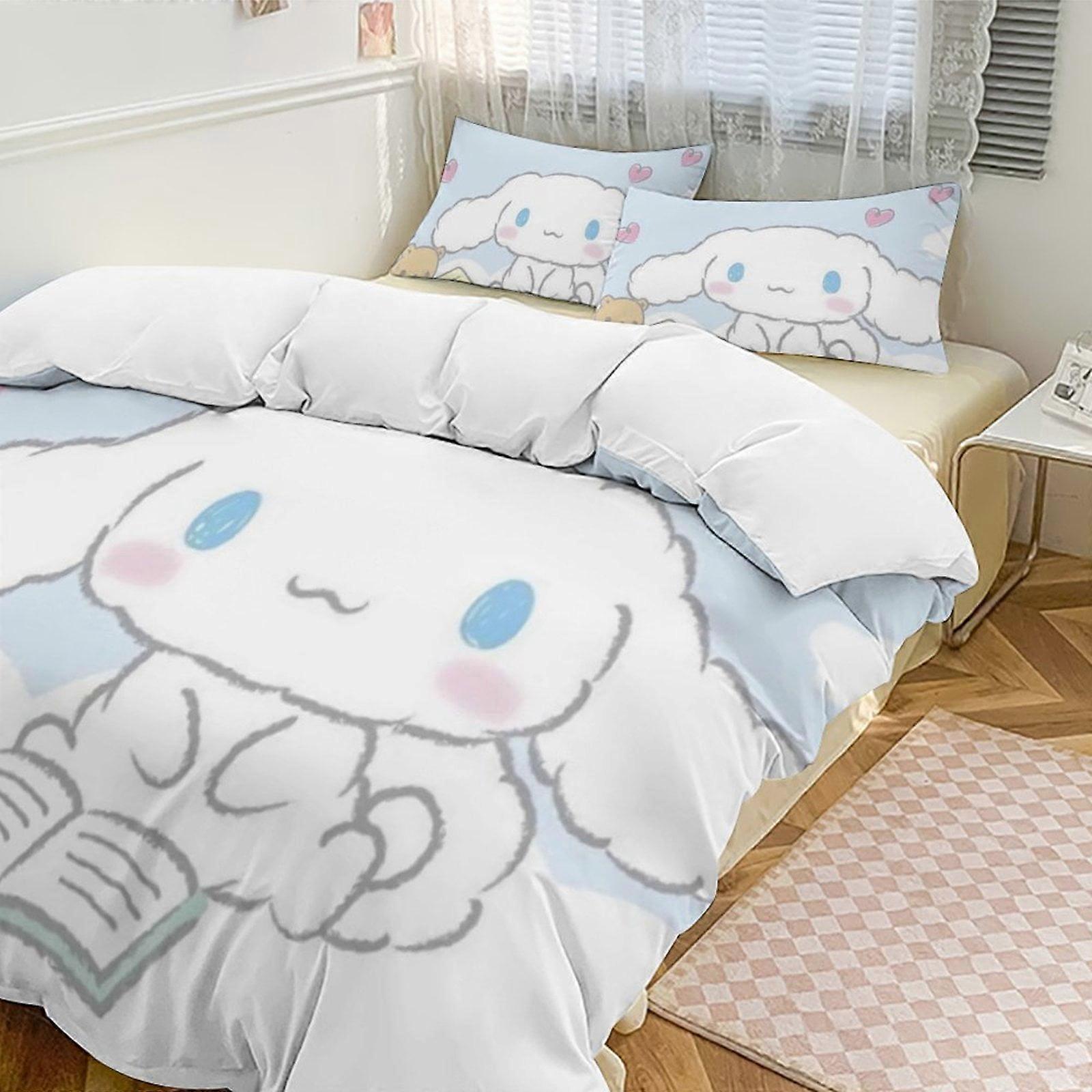 v1094 Cinnamoroll مجموعة لحاف سميكة ناعمة 3 قطع طقم مفروشات طوال الموسم لحاف كوف مع 2 وسادات للنساء البالغات الفتيات المراهقين ديكور غرفة المنزل io