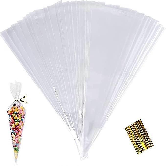 100個入り透明コーンバッグ、お菓子用セロハントリートバッグ、25x13cmプラスチック製キャンディ三角バッグ、ツイストタイ付き食品用-Yvan