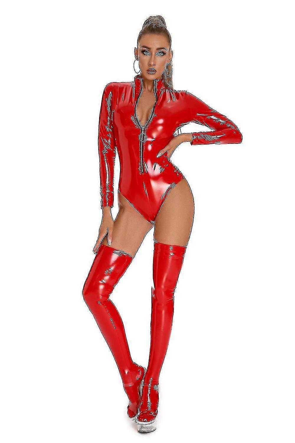 Fekete Piros Szexi Női Műbőr Testruha Hosszú Ujjú Cipzár Vékony latex Bodycon Jumpsuit Teddy Fehérnemű Catsuit
