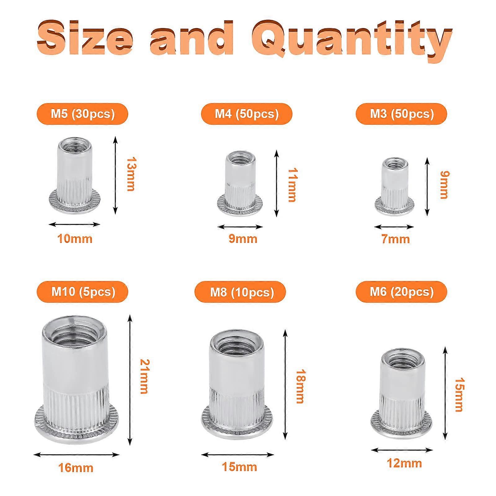 165PCS Stainless Rivet Nut Tool Flat Threaded Head(6 Types Nuts)