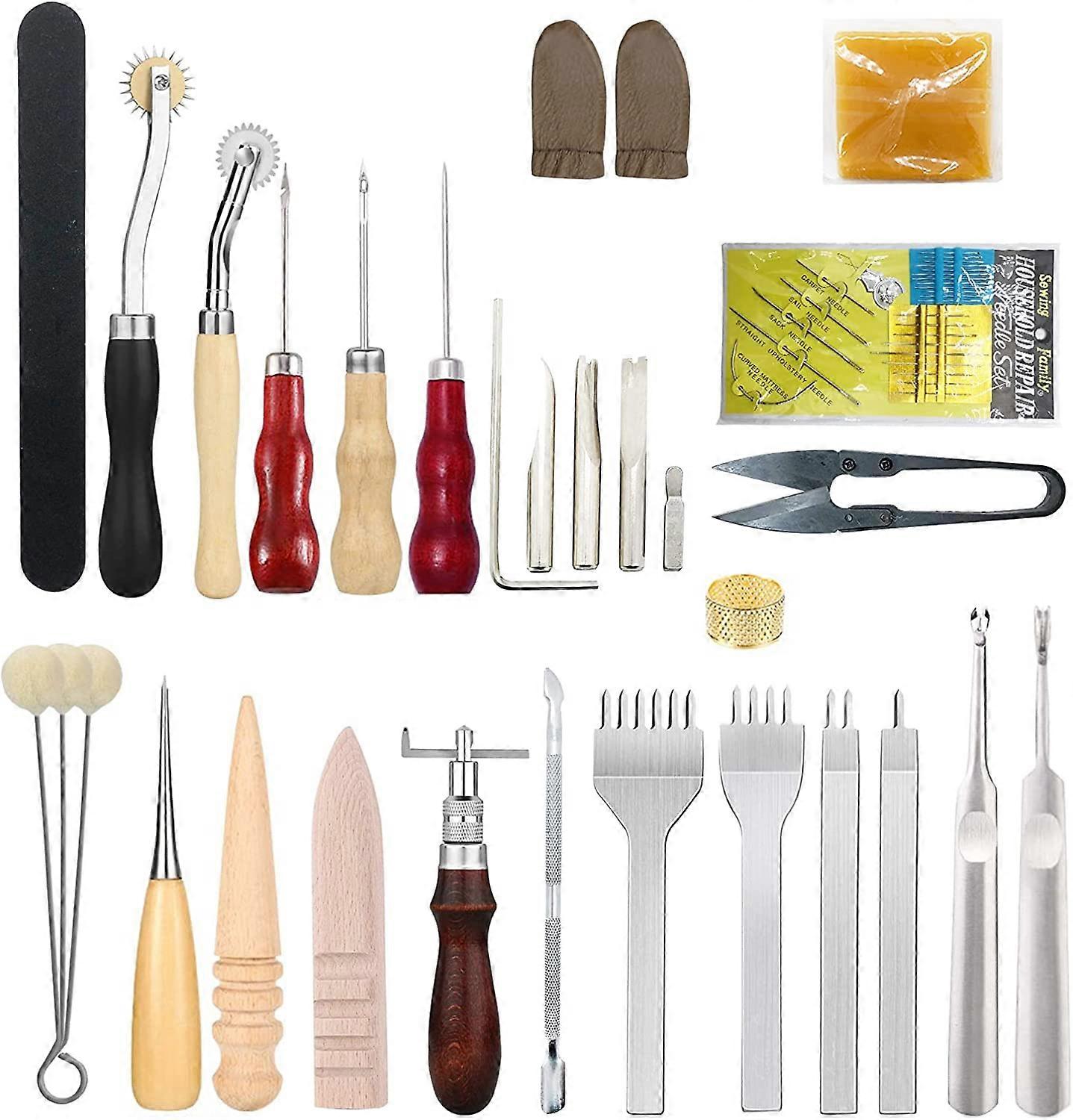 Leatherworking tools:26pcs,creasing awl,waxed thread,thimble