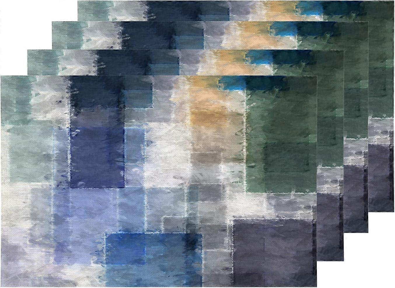 Blue Abstract Geometric Placemats, Green Modern Art Table Mat Linen Burlap Washable Double-Deck Heat Insulation for Dining Table Kitchen Table Set of