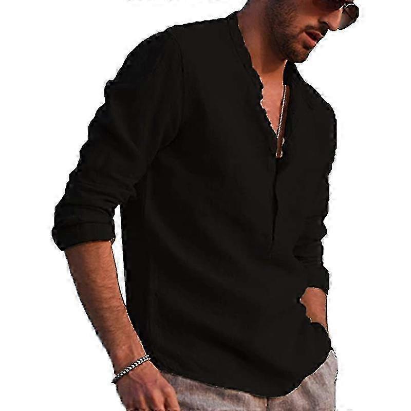Mens Casual Cotton Linen Henley Shirts Long Sleeve T-shirt Tops Pullover Buttons