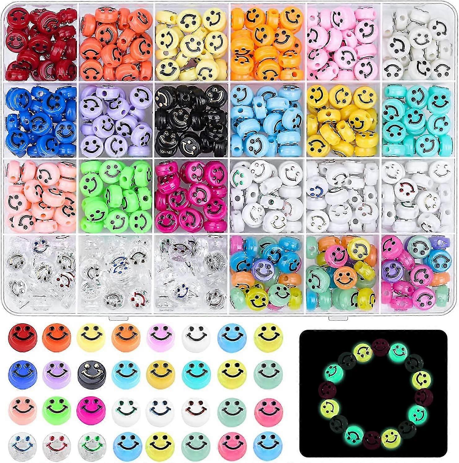 480pcs 37 Colors Smiley Face Beads, Acrylic Happy Beads Colorful Ch With 60pcs Glowing Luminous Mixed For Christmas Gift Jewelry Making Bracelet E