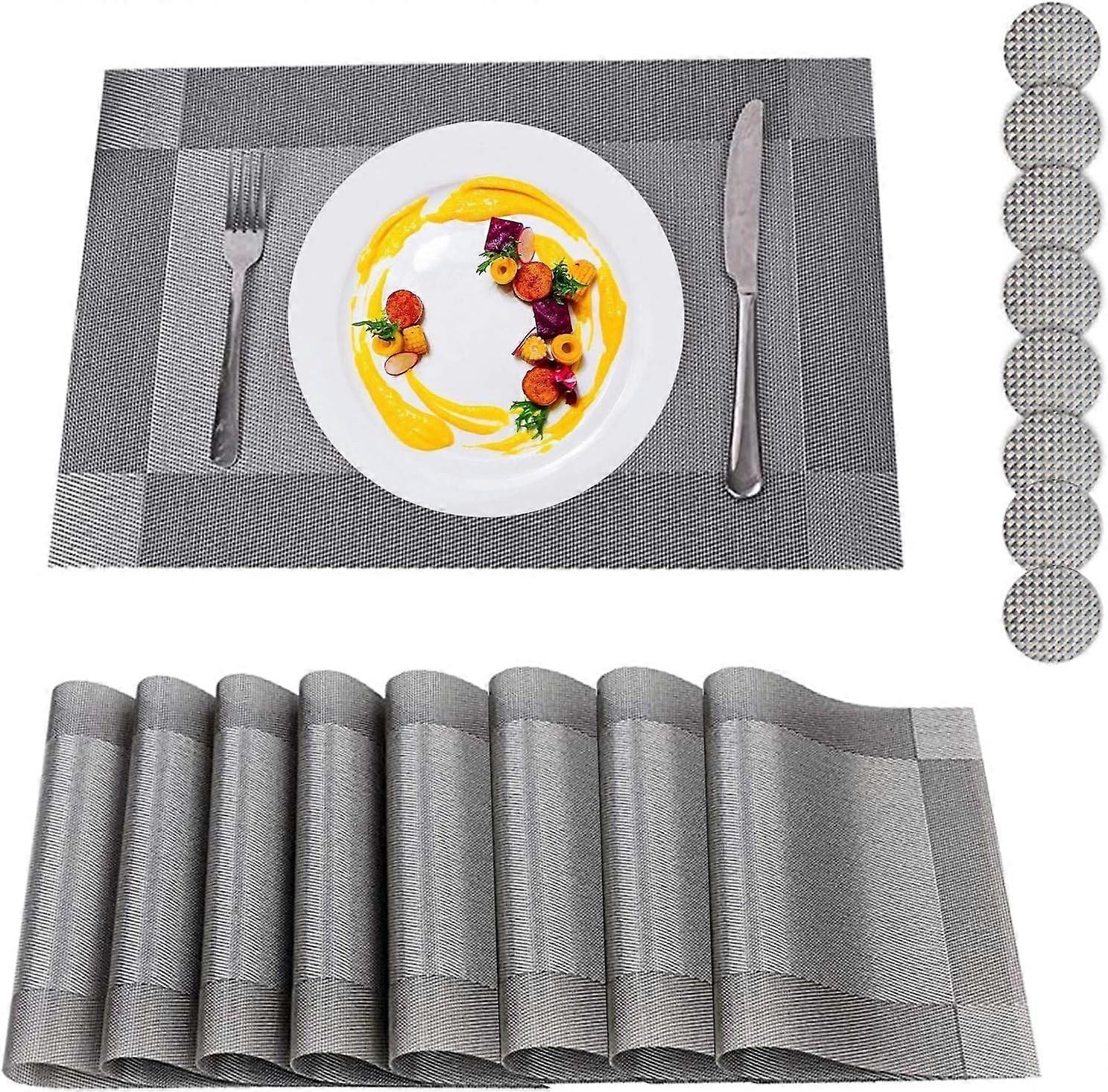 Placemats, Placemats and Coaster Sets 8, PVC Heat-resistant Table Mats Set Washable with 8 x Non-slip Placemats + 8 x Round Coasters for Kitchen Dinin
