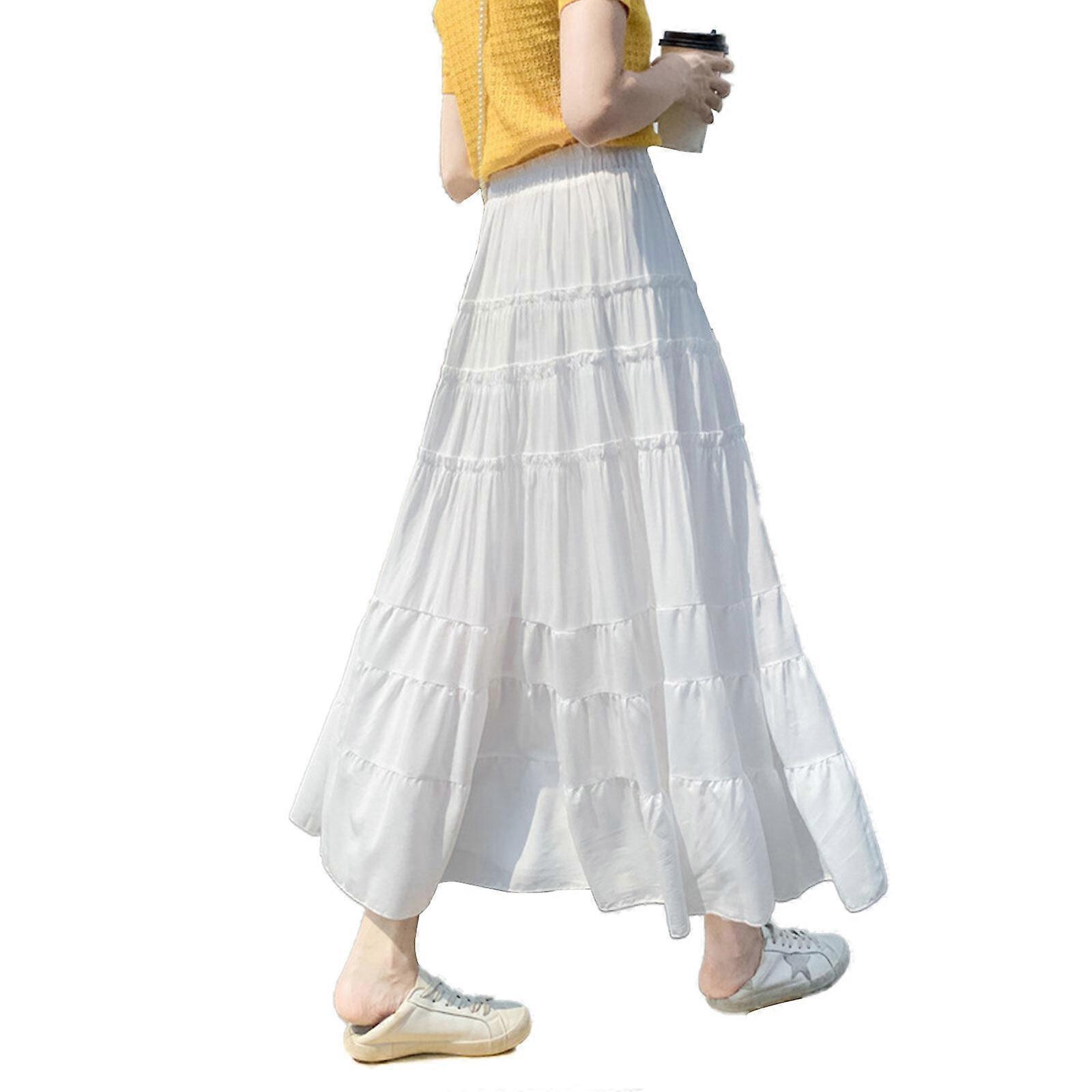 Womens Elastic High Waist Boho Maxi Skirt Ruffle A Line Swing Long Skirts