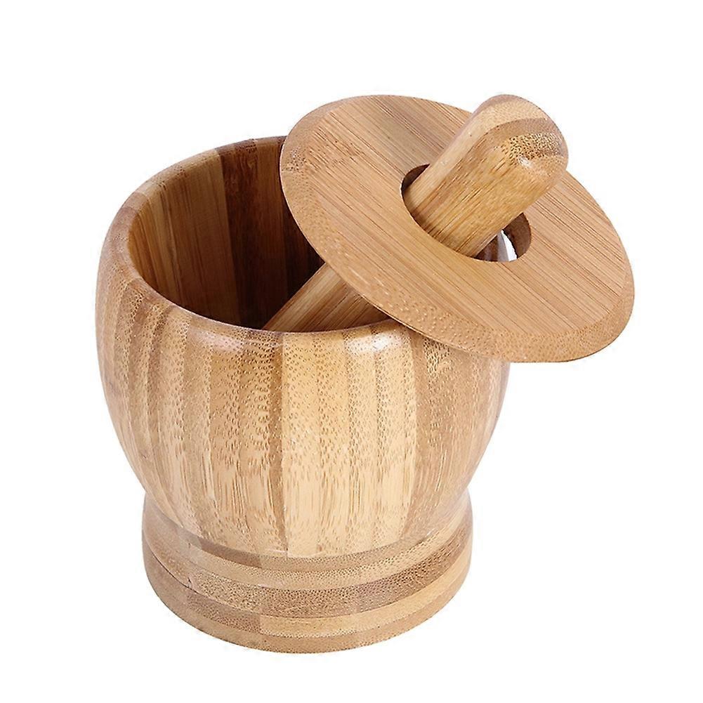 Multifunctional Bamboo Pounding Garlic Jar,Garlic Press Ginger Spices Grinding Set Herb Spice Masher Kitchen Tool