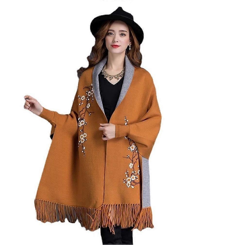 Embroidery Pashmina Shawl Wrap with Sleeve Open Front Poncho with Tassel for Lady