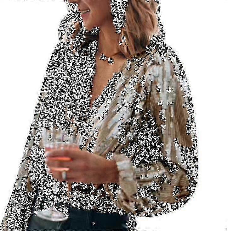 Donne paillettes Sparkle V scollo camicia a maniche lunghe per partito