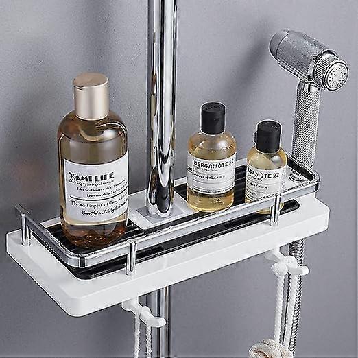 Set of 1, Shower Shelf Soap Holder Bathroom Shower Storage No Drilling with Shower Soap Dish, Hooks and Towel Holder Wall Mounted Anti-Rust Self Adhes