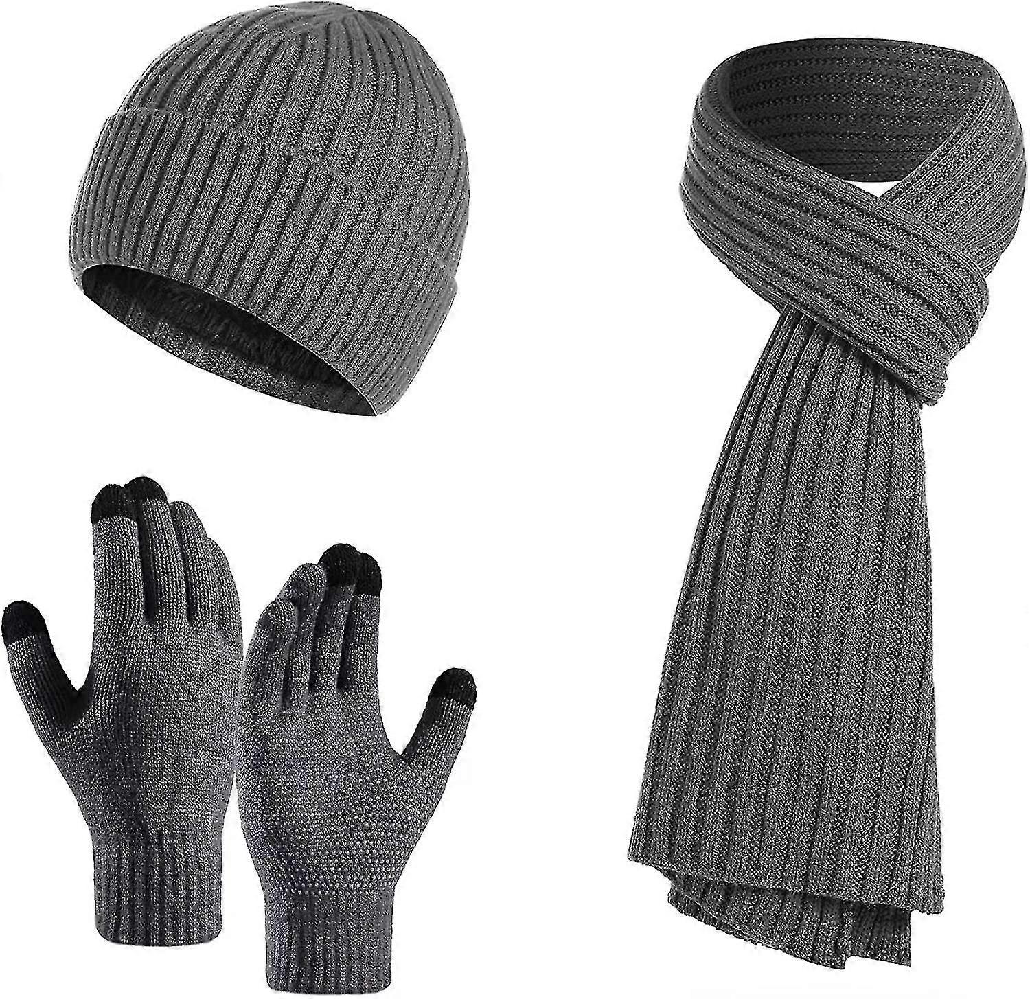 Mens Winter Beanie Hat Long Scarf And Touchscreen Gloves Set 3 Pcs Thick Knitted Beanie Skull Cap With Fleece Lined