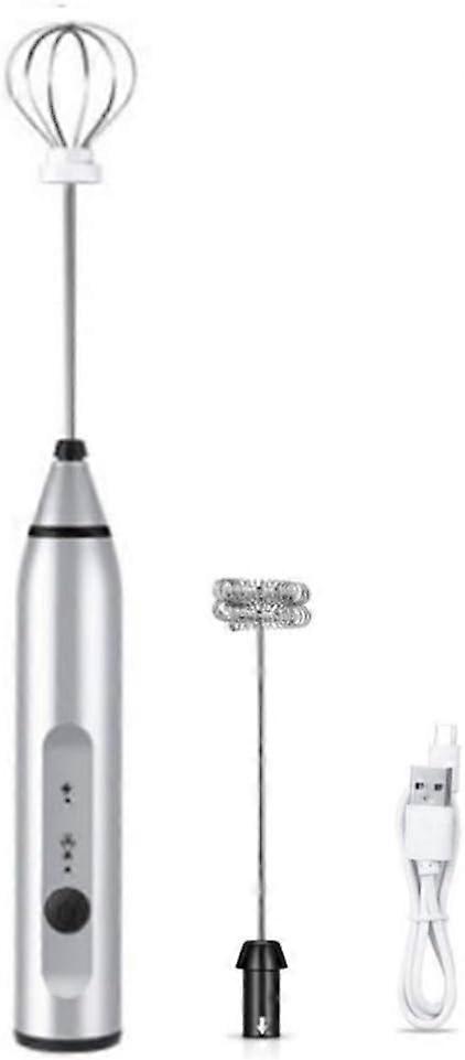 2 in 1 Portable USB Charger Electric Milk Frother Egg Beater Whisk Drink Mixer for Coffee, Milk, Cappuccino, Beating Eggs - 3 Adjustable Speeds (Silve