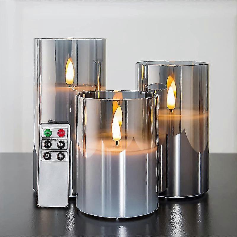 Glass Led Flameless Candles, Battery Candles, Pillar Candles Battery Operated With Remote Control And Timer, Electric Candles, Wax+grey Glass, Set Of